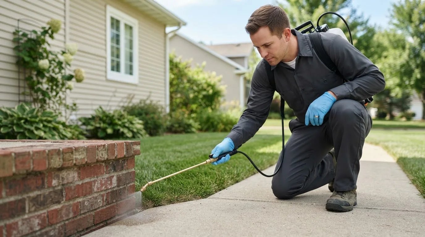 Pest control technician treating a home near Rouseville, PA